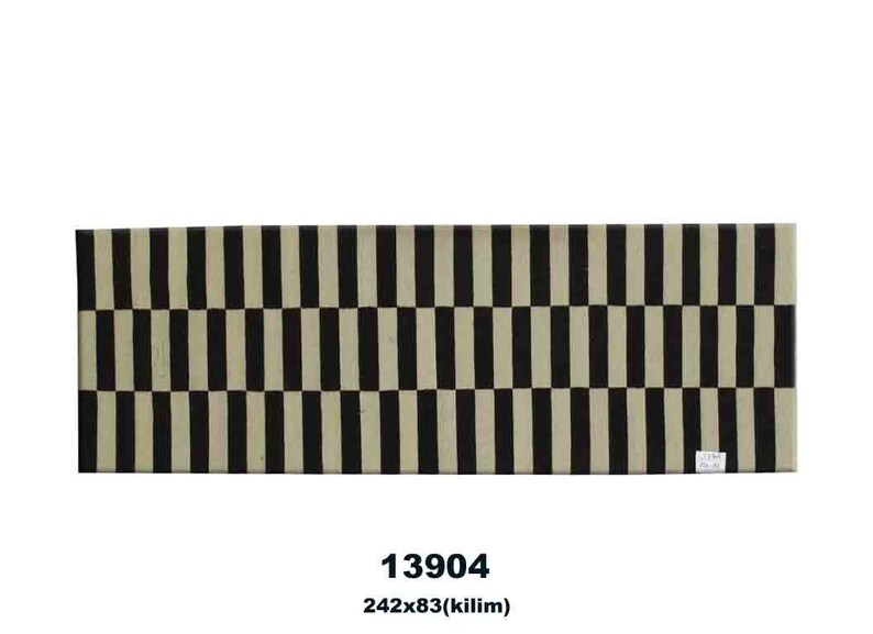 May include: A rectangular rug with a repeating pattern of alternating black and beige vertical stripes. The rug measures 242 cm x 83 cm. The text "13904" and "242x83(kilim)" are at the bottom.