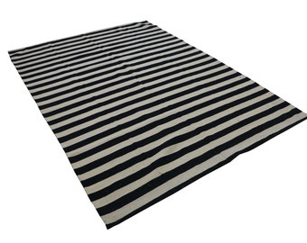 Custom Striped Kilim Rug, Black and White Dhurrie Rug
