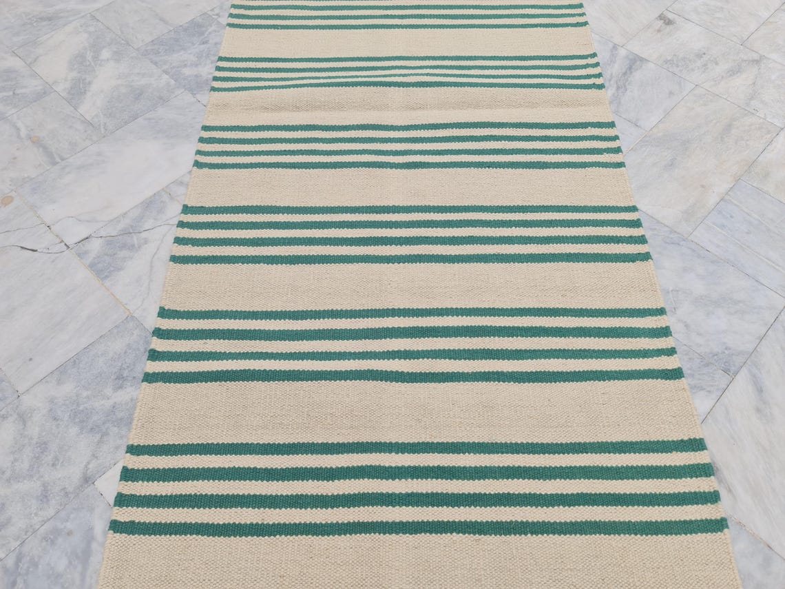 Striped Runner Rug, Green and off White Rug Runner, Hallway Rug