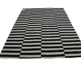 Striped Kilim Wool Rug, Black and White Dhurrie Rug, Custom Size