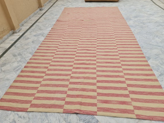 Pink and cream striped rug, pink and ivory rug, stripe area rug, personalized rug, large area rug, designer rug, dhurrie rug, woven rug
