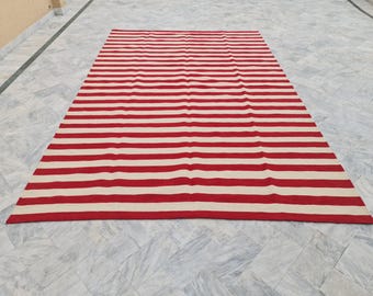 Red and white rug, striped area rug, wool rug, large area rug, accent rug, dhurrie rug, custom size rug, personalized rug, 8x10, 6x9, 5x8
