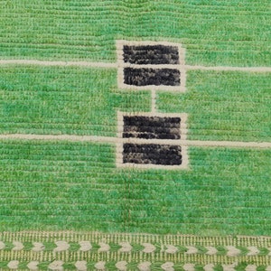 May include: Close-up of a green rug with a textured surface. The rug features a design with black rectangular shapes connected by white lines. A decorative border with a repeating pattern of green and white shapes is at the bottom.