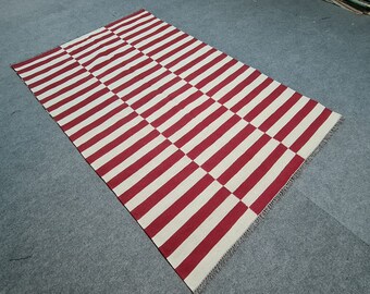 Red and white striped rug, kilim rug, stripe area rug, dhurrie rug, flat weave rug, white and red rug, custom made rug, large area rug