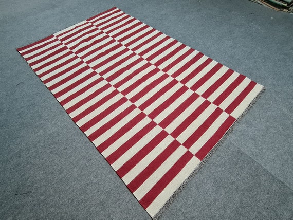 Red and white striped rug, kilim rug, stripe area rug, dhurrie rug, flat weave rug, white and red rug, custom made rug, large area rug