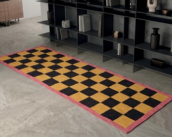 Checkerboard Runner Rug, Checkered Flatweave, Hallway Runner Rug, Kitchen and Stairs