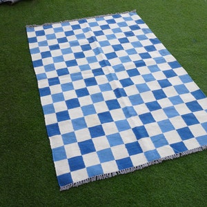 Checkered rug, blue and white rug, check box rug, check pattern rug, 8x10 kilim rug, living room rug, custom made rug, 9x12 area rug, 7x10