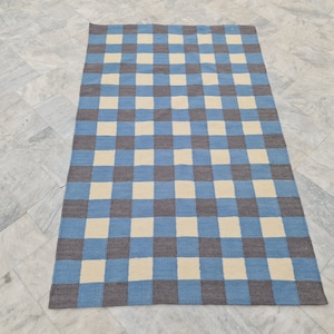 Tappeto a quadretti personalizzato, tappeto bianco blu grigio, tappeto personalizzato, tappeto personalizzato, tappeto a quadretti 8x10, tappeto a quadretti 9x12, tappeto da camera da letto, tappeto kilim, 5x7