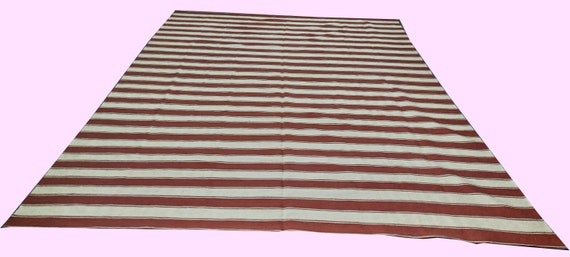Rust rug, rust and white rug, striped rug, flatweave rug, dhurrie rug, 8x10 kilim rug, 9x12 area rug, wool rug, 5x7 rug, 6x9 rug, 4x6 rug