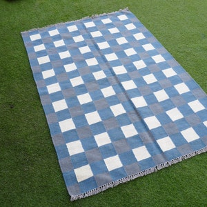 Tappeto a quadretti, tappeto con casella di controllo, tappeto bianco grigio blu, tappeto area 8x10, tappeto su misura, tappeto extra large, tappeto accento, tappeto kilim, tappeto 6x9, tappeto 4x6