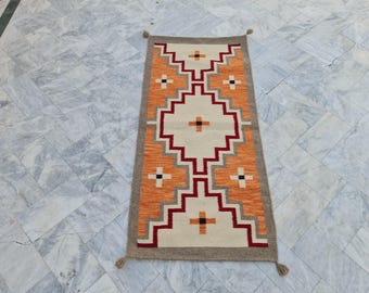 Navajo inspired Runner rug, orange ivory red runner, personalized runner, hallway rug, long rug, corridor rug, Navajo rug, custom colors