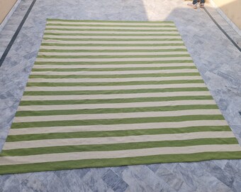 Green and off white striped rug, dhurrie rug, kilim rug, green striped rug, 8x10 area rug, 10x14 wool rug, living room rug, large area rug