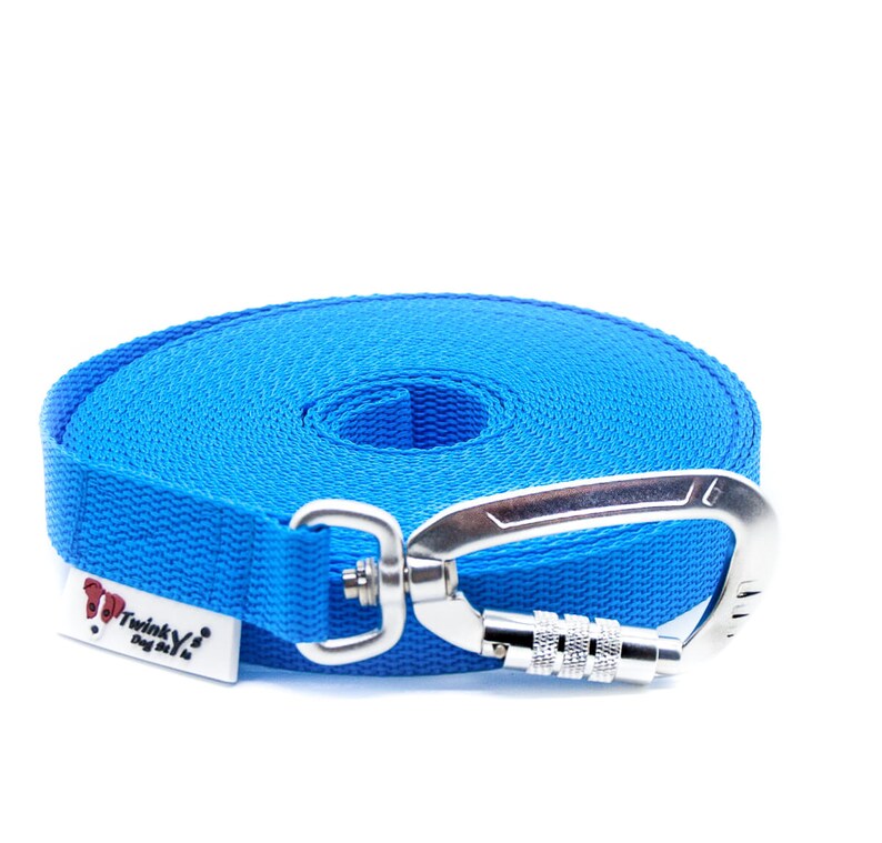 Puede incluir: Una correa retr&aacute;ctil para perros de color azul con un mosquet&oacute;n plateado. La correa est&aacute; enrollada y tiene el texto "Twinky Dog" en la correa.