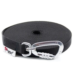 Correa larga con mosquetón de seguridad y asa de mano, correa de búsqueda, correa de rastreo para perros, 20 mm de ancho Negro