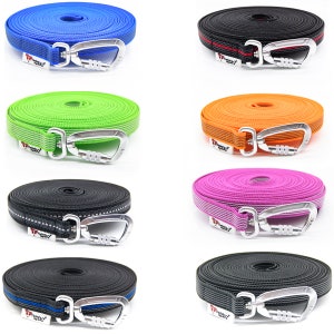 Gummerat långt hundkoppel, 20 mm brett, upp till 50 kg, med handögla, svart, röd, blå, orange, neongrön, säkerhetskarbinhake, upp till 30 meter