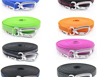 Correa larga de goma para perros, 20 mm de ancho, soporta hasta 50 kg, con asa, disponible en negro, rojo, azul, naranja y verde neón, con mosquetón de seguridad, hasta 30 metros.