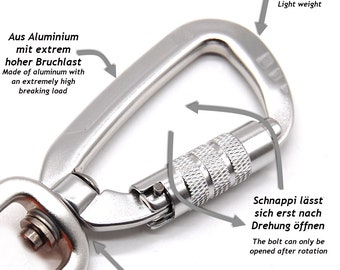 Mousqueton de sécurité en aluminium charge de rupture 400 kg avec verrouillage à vis twistlock et pivot à 360 degrés 15 et 20 mm