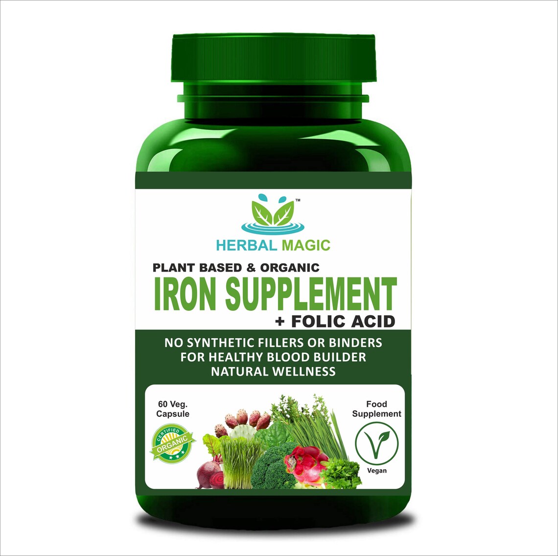 Certified Organic Plant Based Iron Supplement Boost 60 X 500 Etsy