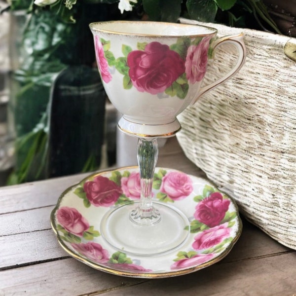 Tipsy Maddie - Royal Albert ‘Old English Rose’ Tipsy Cocktail Teacup - Vintage Teacup Wine Glass - Teacup on a Wine Stem