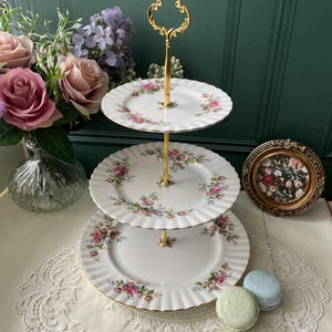 Royal Albert ‘Moss Rose’ Vintage Cake Stand | Cupcake Tower | 3 Tier Stand | Vintage China Stand | Made in England | Vintage Wedding Table