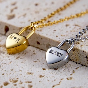 Personalized Heart Lock Necklace: Custom Initial Date Stainless Steel Choker