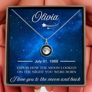 May include: A silver necklace with a moon pendant inside a black circle, presented in a gift box. The box has a blue background with the name "Olivia" and the text "July 01, 1988". The text reads "This is how the moon looked on the night you were born."