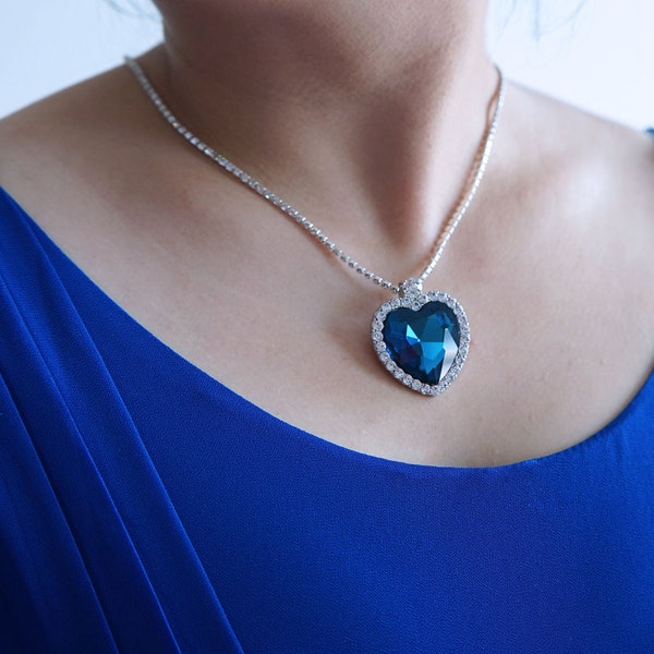 Heart of the Ocean Sapphire Crystal Necklace, Sliver Plated Neckace with Crystal Chain, Crystal Heart Necklace