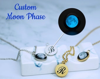 Custom Birth Moon Necklace, Personalized Moon Phase Necklace, Birthday Gift; Full Moon Pendant, Initial Name Jewelry, Moon Necklace