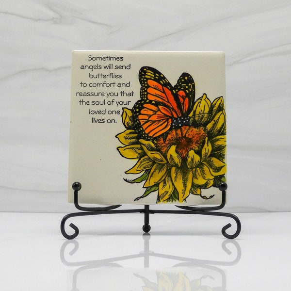 Ceramic art tile, monarch butterfly, butterfly painting, inspiring art, rememberance gifts, shelf sitter, butterfly sunflower, shelf accents