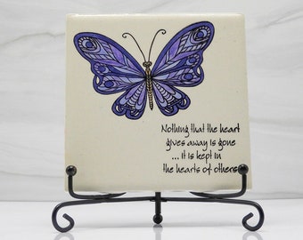 Butterfly gift|ceramic tile art|hand stamped|purple butterfly
