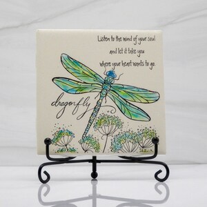 Ceramic tile art watercolor painting, colorful coffee table art, dragonfly flower garden decor, unique birthday gift for her