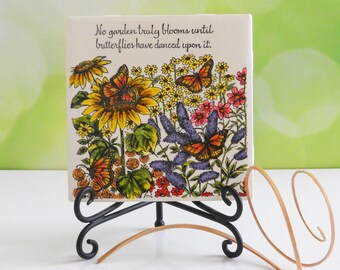 Ceramic art tile, garden blooms, monarch butterfly, porch garden, butterfly garden, shelf sitter sign, garden artwork, porch sign