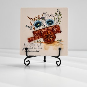 Hand Painted 3D Planter Box Cart Tile Art With Blue Flowers; Scripture Verse