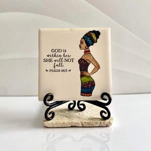 Ceramic art tile, african artwork, african art painting, african woman art, shelf sitter, faith quotes, bible sayings, bible scripture art image 1