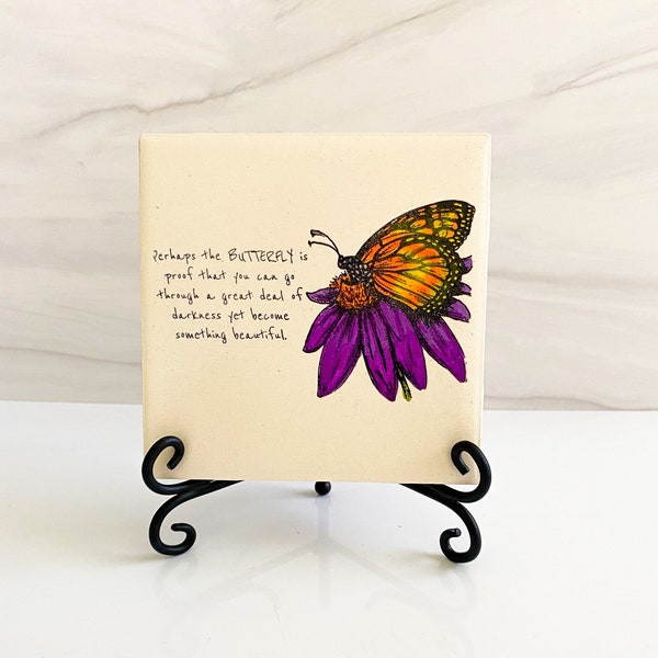 Ceramic art tile, hand painted, monarch butterfly, purple daisy, inspiring art, ceramic butterfly, shelf sitter, decorative tiles, shelf art