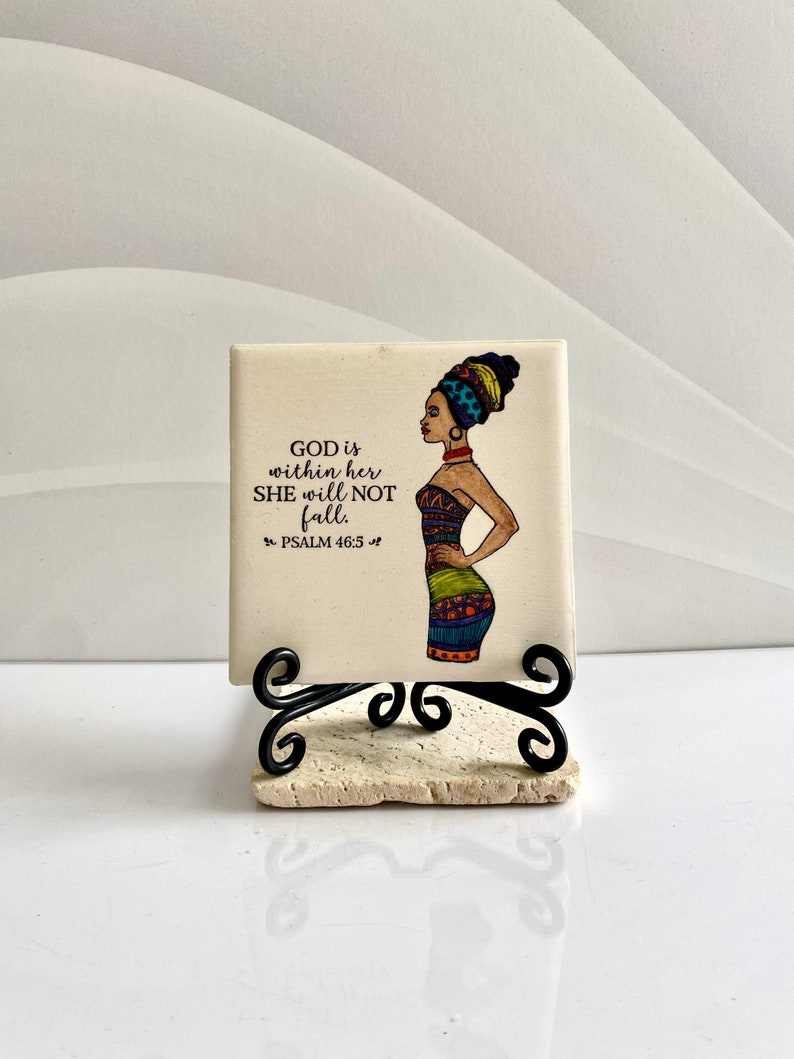 Ceramic art tile, african artwork, african art painting, african woman art, shelf sitter, faith quotes, bible sayings, bible scripture art image 1