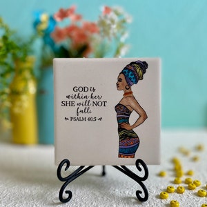 Ceramic art tile, african artwork, african art painting, african woman art, shelf sitter, faith quotes, bible sayings, bible scripture art image 4