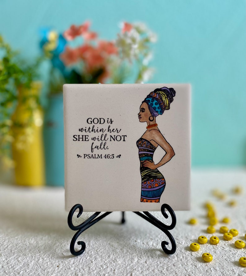 Ceramic art tile, african artwork, african art painting, african woman art, shelf sitter, faith quotes, bible sayings, bible scripture art image 4