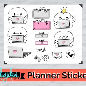 May include: A sheet of planner stickers featuring cartoon characters with laptops, speech bubbles, and text. The stickers include the words "meeting", "work", "day off", and "check email". The stickers are in black, white, and pink.