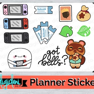 Puede incluir: Una colección de pegatinas de planificador coloridas con consolas de videojuegos, boletos, hojas, una bellota, una bolsa de dinero y un personaje de dibujos animados. También se incluye el texto "got bells?". Las pegatinas están etiquetadas como "Planner Stickers".