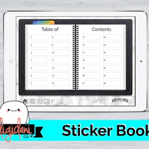 May include: A digital sticker book displayed on a tablet. The book is open to a contents page with numbered sections. The tablet has a marble-like background. The text "Sticker Book" is displayed below the tablet, along with the "digidani co." logo.