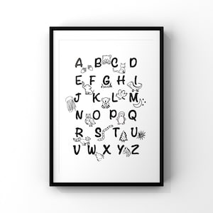 Tier Alphabet Poster - DIGITALER DOWNLOAD - Schwarz Weiss - Handgezeichnet - Kinderzimmer - Edukative Kinder Kunst - Klasse Kunst - Spielzimmer Kunst