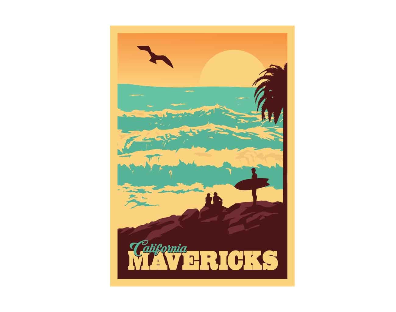 California Mavericks Waves Vintage Travel Poster | Etsy