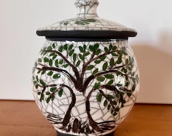 Small Tree of Life Keepsake Urn-Handmade Ceramic Memorial Urn-Hand painted Tree Design-70 Cubic Inches