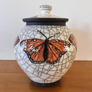 Butterfly Cremation Urn for Ashes, Ceramic Monarch Butterfly Memorial with Large Hand painted butterflies.