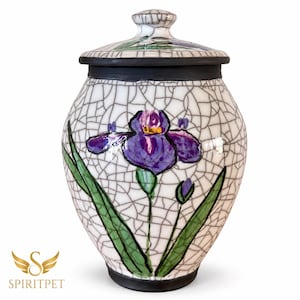 Purple Iris Urn for Ashes- handmade ceramic memorial with hand painted flowers 150 cu.
