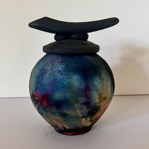 Copper Raku Cremation Urn-Handmade ceramic memorial with blue and purple cosmic colors