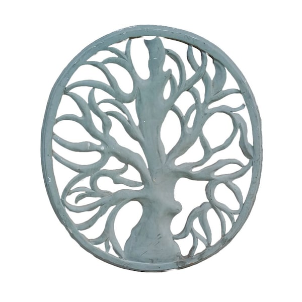 Tree of Life Wood Carving, Tree Wood Art, Art Decore, Wall Art Sculpture, Tree of Life, Wood Pannel, Hand Carved, Cyan, 21x23.5 inches