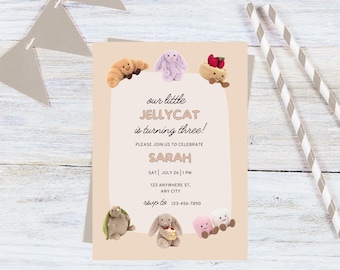 jellycat neautral invite, jellycat birthday, jellycat party, jellycat invite, jellycat invitation, jellycat theme, edit in canva, party,