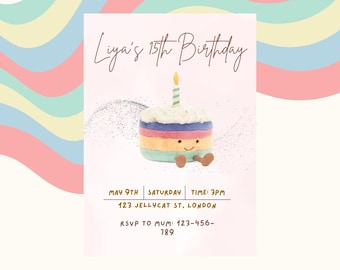 jellycat rainbow cake invite, jellycat birthday, jellycat party, jellycat invite, jellycat invitation, jellycat theme, edit in canva,
